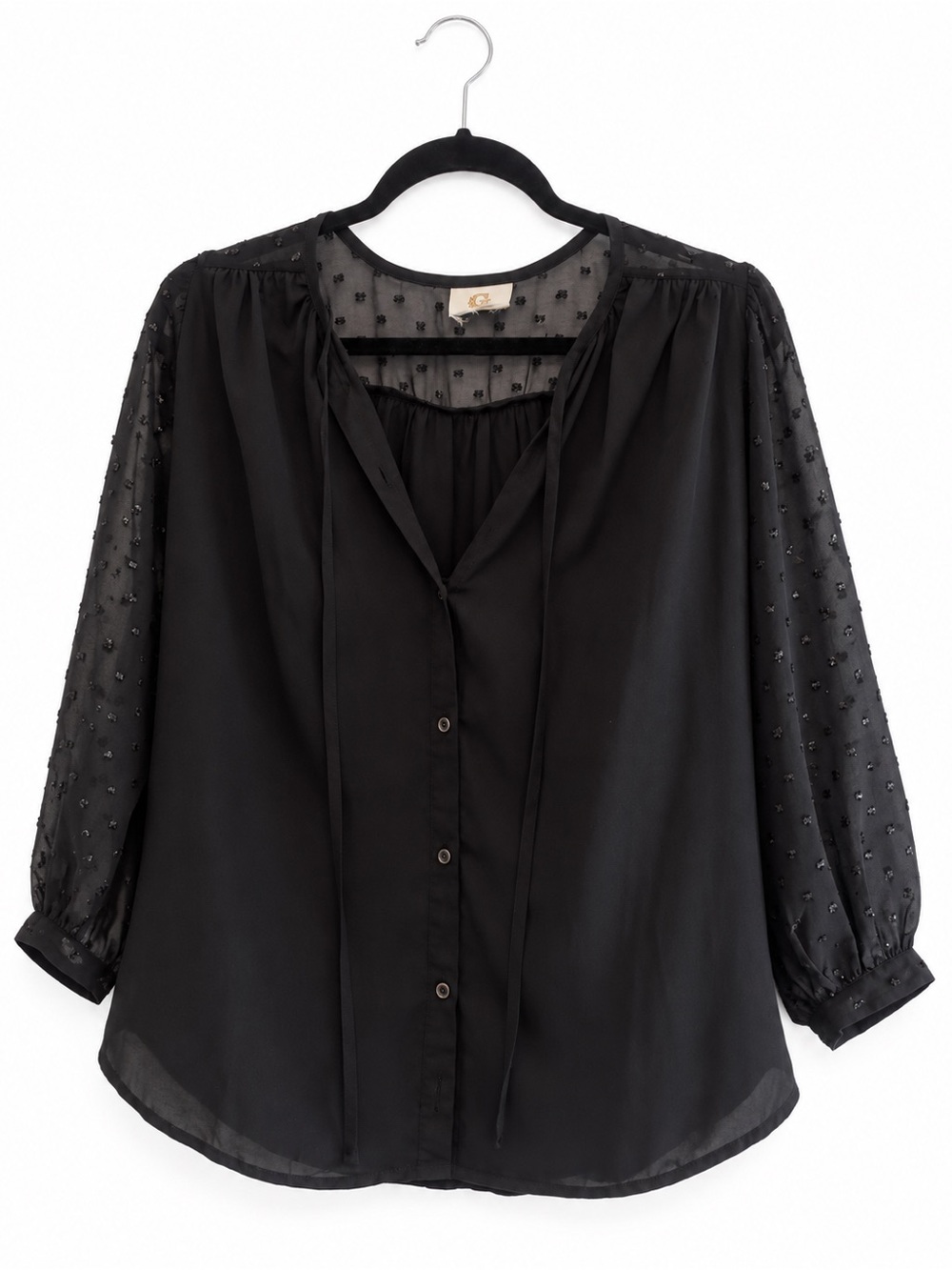 G by Giuliana Black Sheer Swiss Dot Blouse Size S